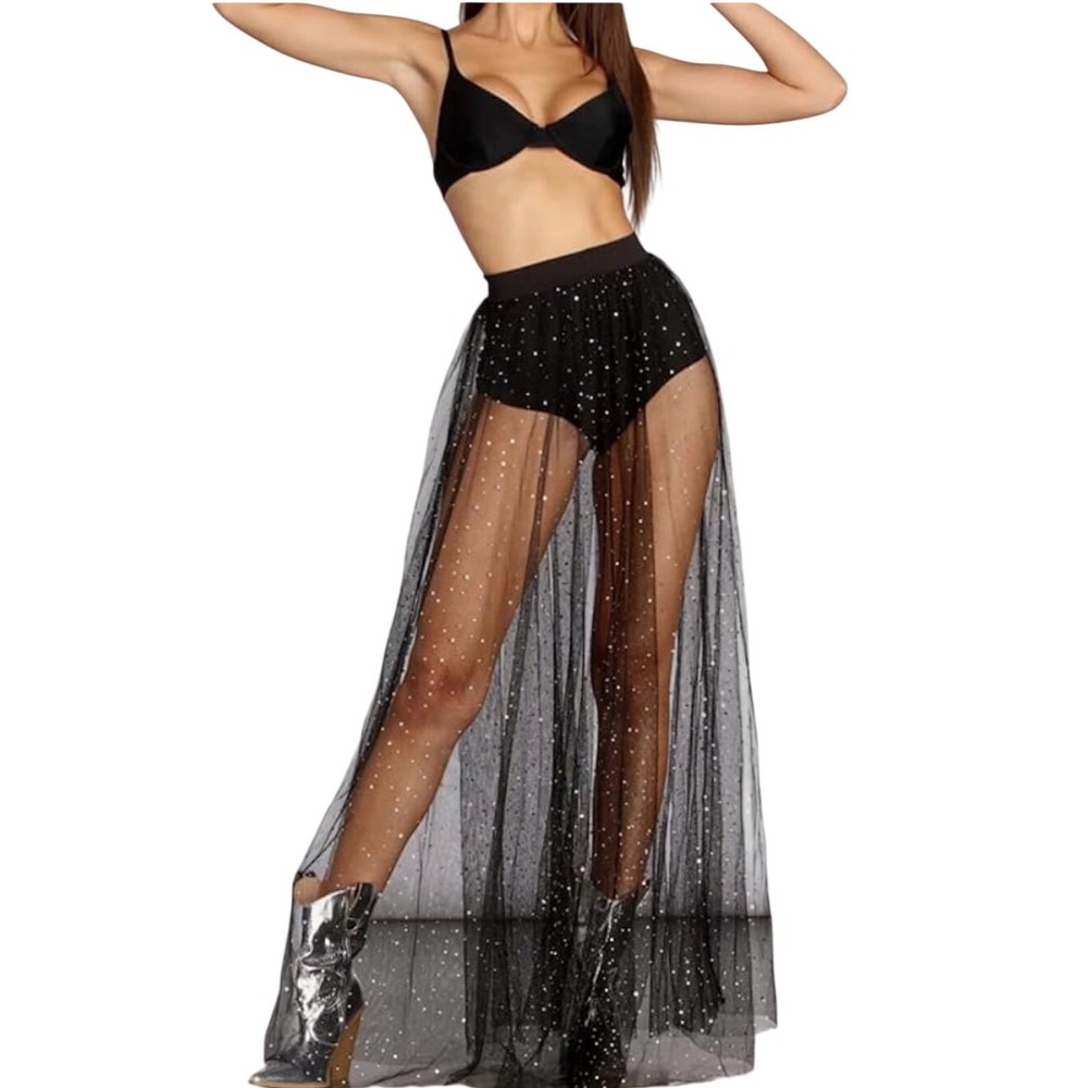 Black Sheer Tulle Maxi Skirt Med Built in panty Rhinestone Mesh Festival Rave